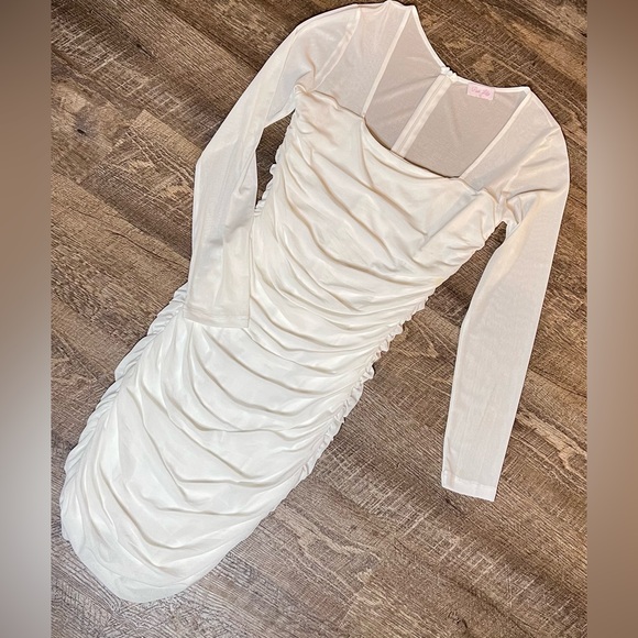 Pink Lily White Ruched Bodycon Dress L Sheer Mesh Long Sleeve Romantic - Picture 3 of 11